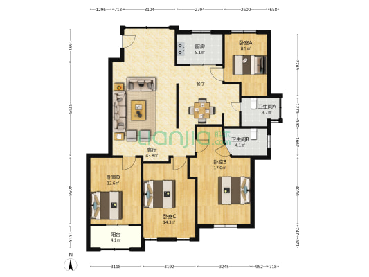 碧水龙城 4室1厅2卫 140平方