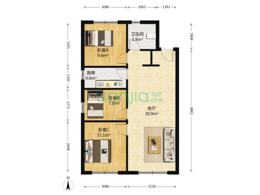 万科上东区 3室1厅1卫 103平方