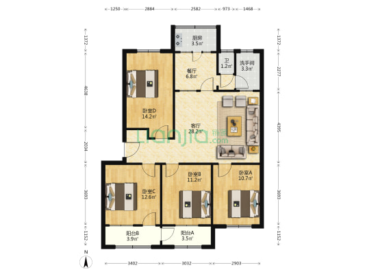 东风家属区 4室2厅2卫 103平方