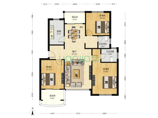 华城秀庭 3室1厅2卫 117平方