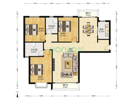 天庆格林小镇西区 3室1厅2卫 143平方