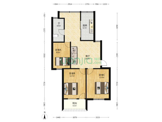 面粉新村 3室1厅1卫 97平方