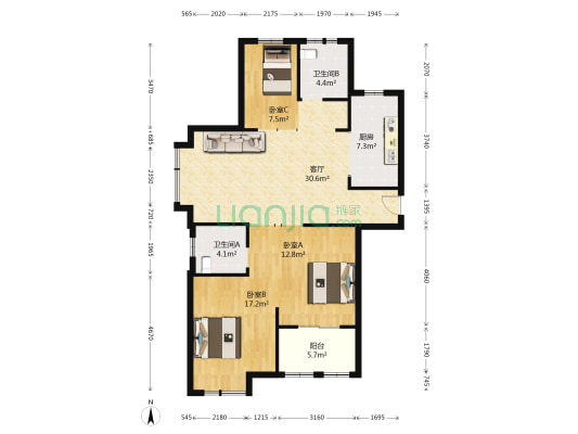 中江嘉城 3室1厅2卫 129平方
