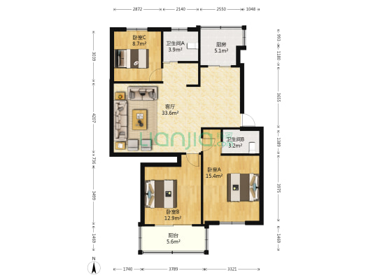 明辰紫月东区 3室1厅2卫 104平方