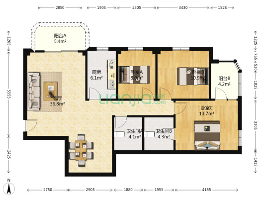湖滨名宫 3室1厅2卫 117平方