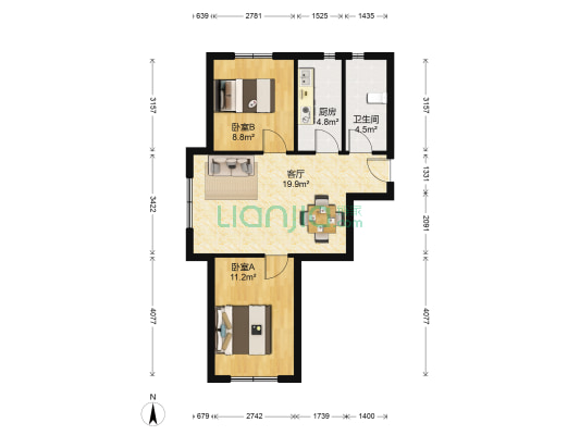 乾景花园 2室1厅1卫 74平方