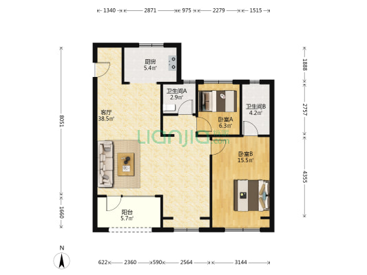 吾悦华府B2 2室1厅2卫 107平方