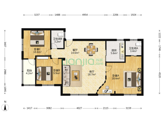海定园 3室2厅2卫 112平方