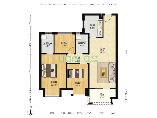 新民家园 3室1厅2卫 107平方
