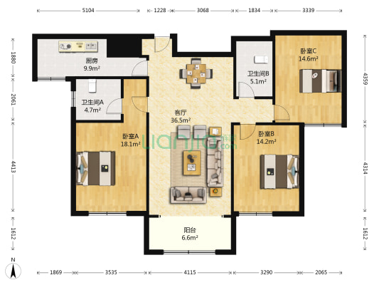 东城逸家逸士园 3室1厅2卫 140平方