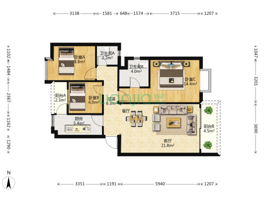 凯茵佳园 3室1厅2卫 89平方