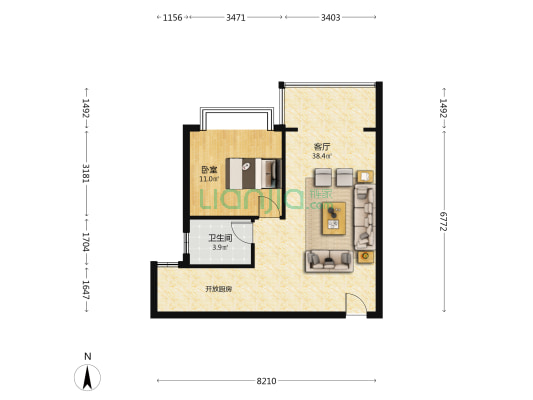 明豪花园 1室1厅1卫 68平方