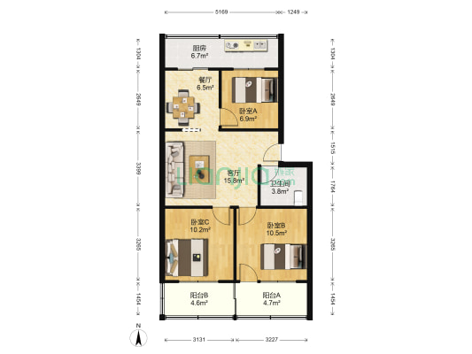 农机宿舍 3室2厅1卫 80平方