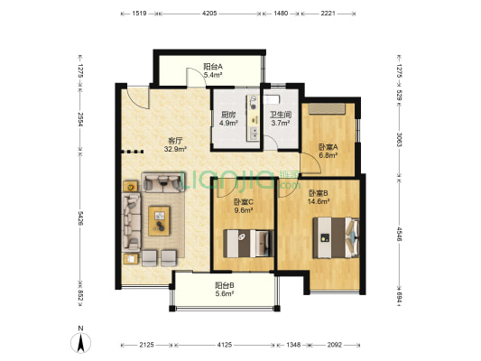 朵力西城星座 3室1厅1卫 103平方