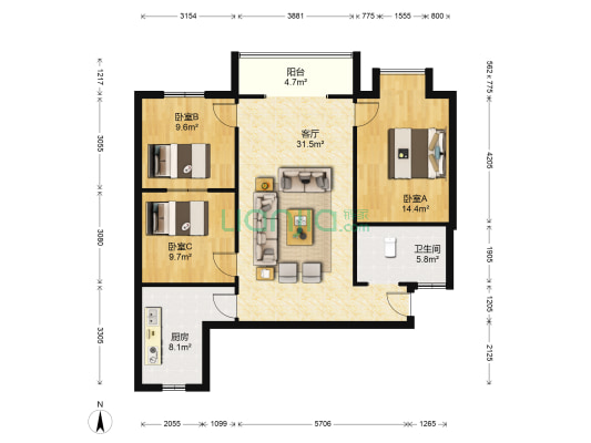 中房 · 鹏城润景 3室1厅1卫 99平方