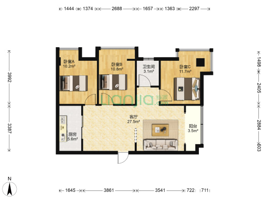 凯润嘉园 3室1厅1卫 90平方