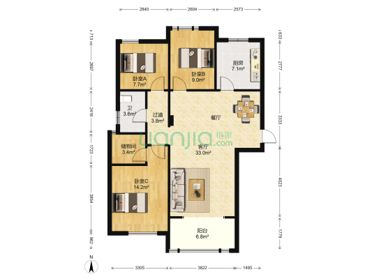 金科华府 3室1厅1卫 123平方