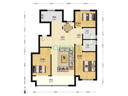中铁世博城逸海北区 3室1厅2卫 118平方