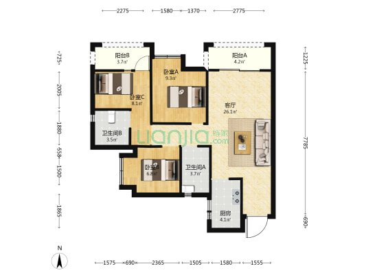 中欧智慧中心·天府星耀湾 3室1厅2卫 88平方