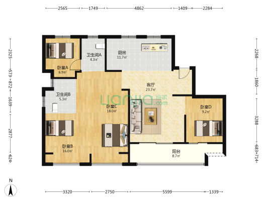嘉北名邸 4室1厅2卫 145平方