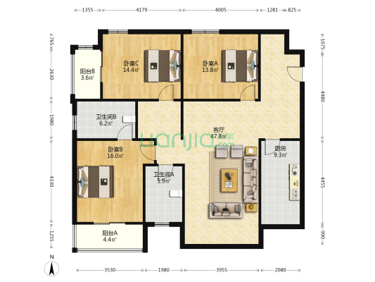 矿山局家属院南北通透的大三居。精装，干净。-户型图