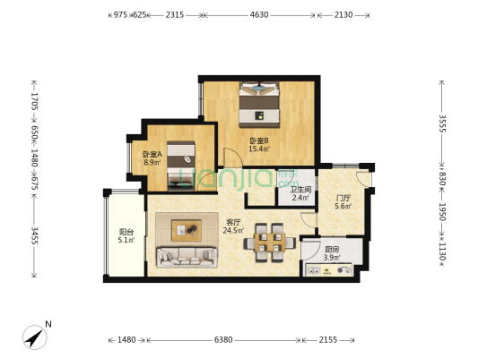 洪柳花园三期 2室1厅1卫 80平方