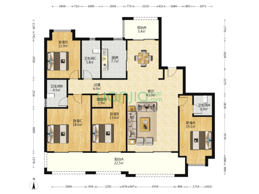 富力首府南区 4室1厅3卫 201平方