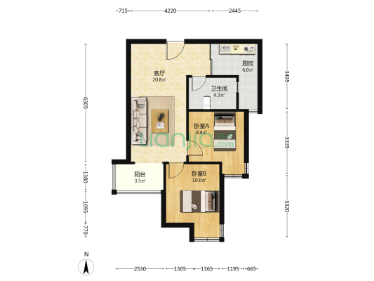 房子是朝南两居，拎包入住。中间楼层。-户型图