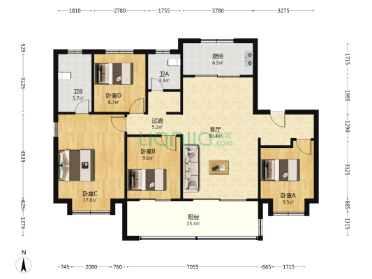 高速信达时代星河北区 4室1厅2卫 140平方
