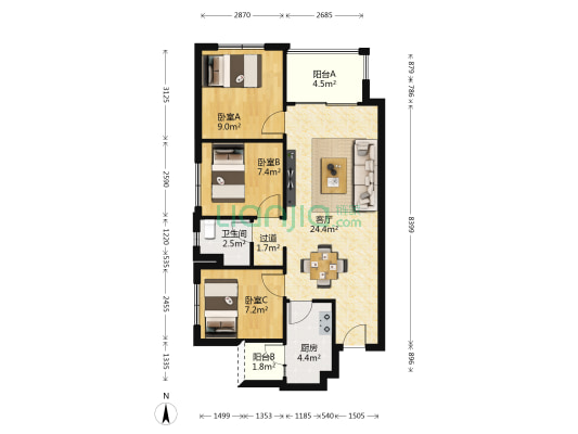 万科理想城二期·树院 3室1厅1卫 73平方
