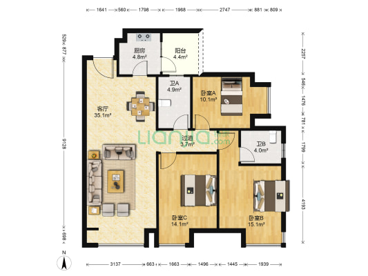 财信北岸江山东区 3室1厅2卫 122平方