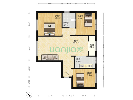 中海天钻 3室1厅1卫 104平方