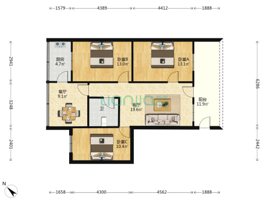 堑何路 3室2厅1卫 83平方