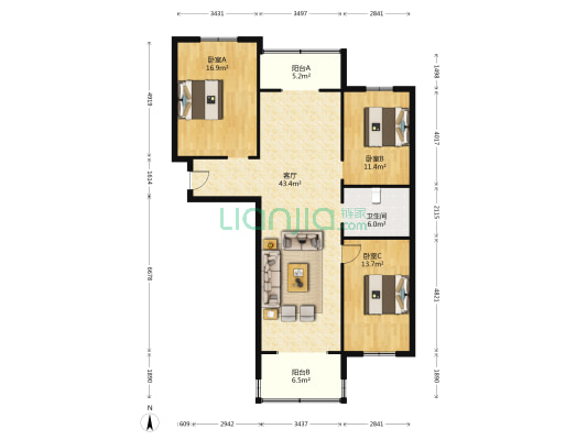 阳光雅居 3室1厅1卫 126平方