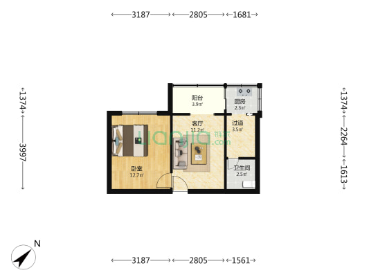 红牌楼北街9号 1室1厅1卫 45平方