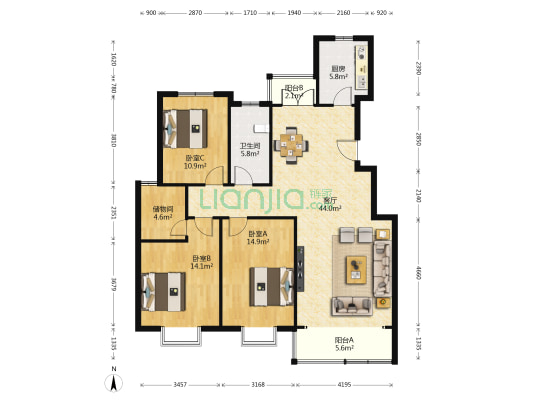 闻喜小区 3室1厅1卫 136平方