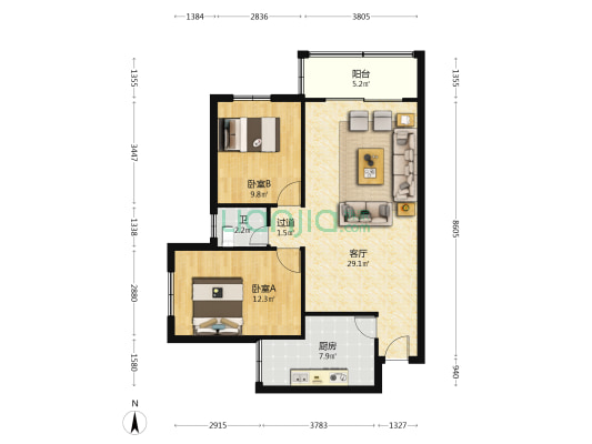 富阳新村 2室1厅1卫 83平方