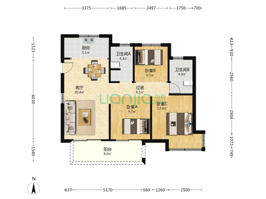 绿地悦尚湾城 3室1厅2卫 106平方