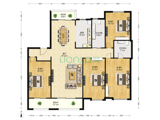 绿地悦城F区 4室1厅2卫 222平方