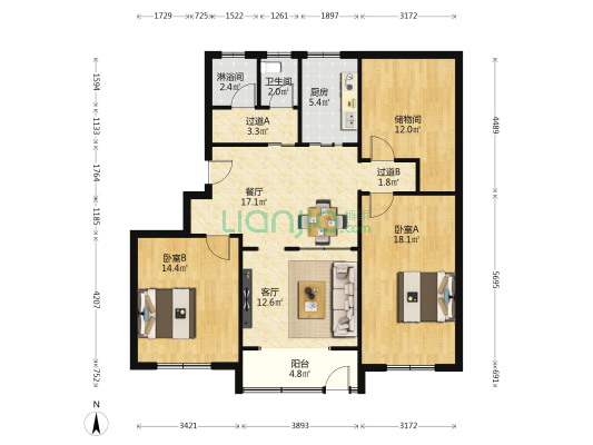 一建公司家属楼 2室2厅2卫 107平方