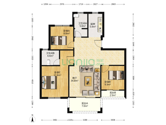 万悦城 3室1厅2卫 121平方