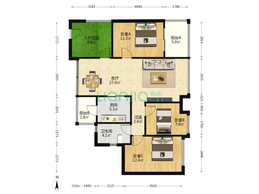 东山领汇广场 3室1厅1卫 116平方