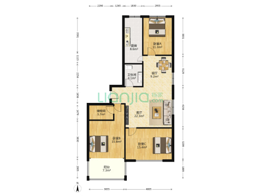 鲁信花园 3室2厅1卫 138平方