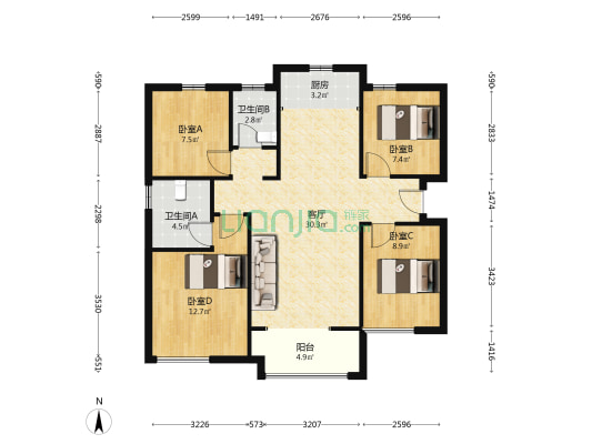 万星四季城 4室1厅2卫 123平方