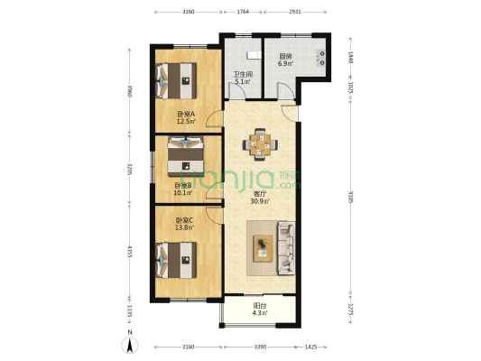 旭辉银盛泰中心 3室1厅1卫 116平方