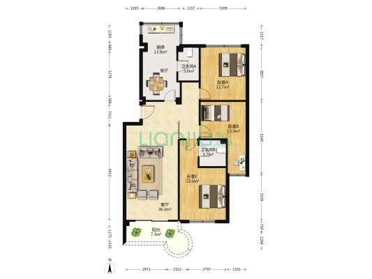 银湾新村  3室1厅2卫 122平方