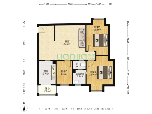 枫瑞苑 3室1厅2卫 88平方