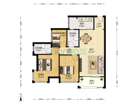 钜隆风度盛荟广场 3室1厅2卫 92平方