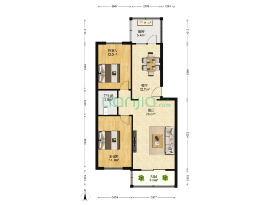 滨湖新村 2室2厅1卫 100平方