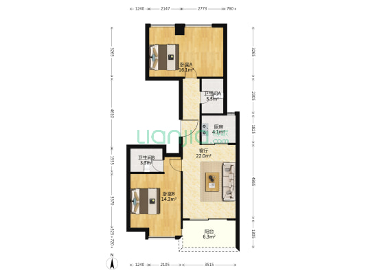 悦青蓝 2室1厅2卫 87平方